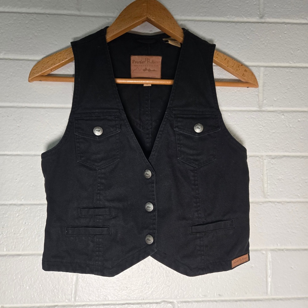 Vtg Powder River Outfitters Black Cotton Denim Vest Medium Western Goth Rodeo
